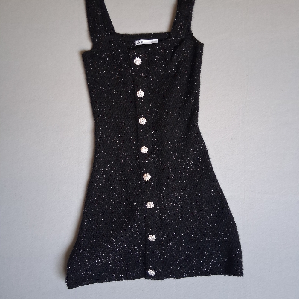 ZARA Black Mini Dress Sparkly with Jewel Buttons